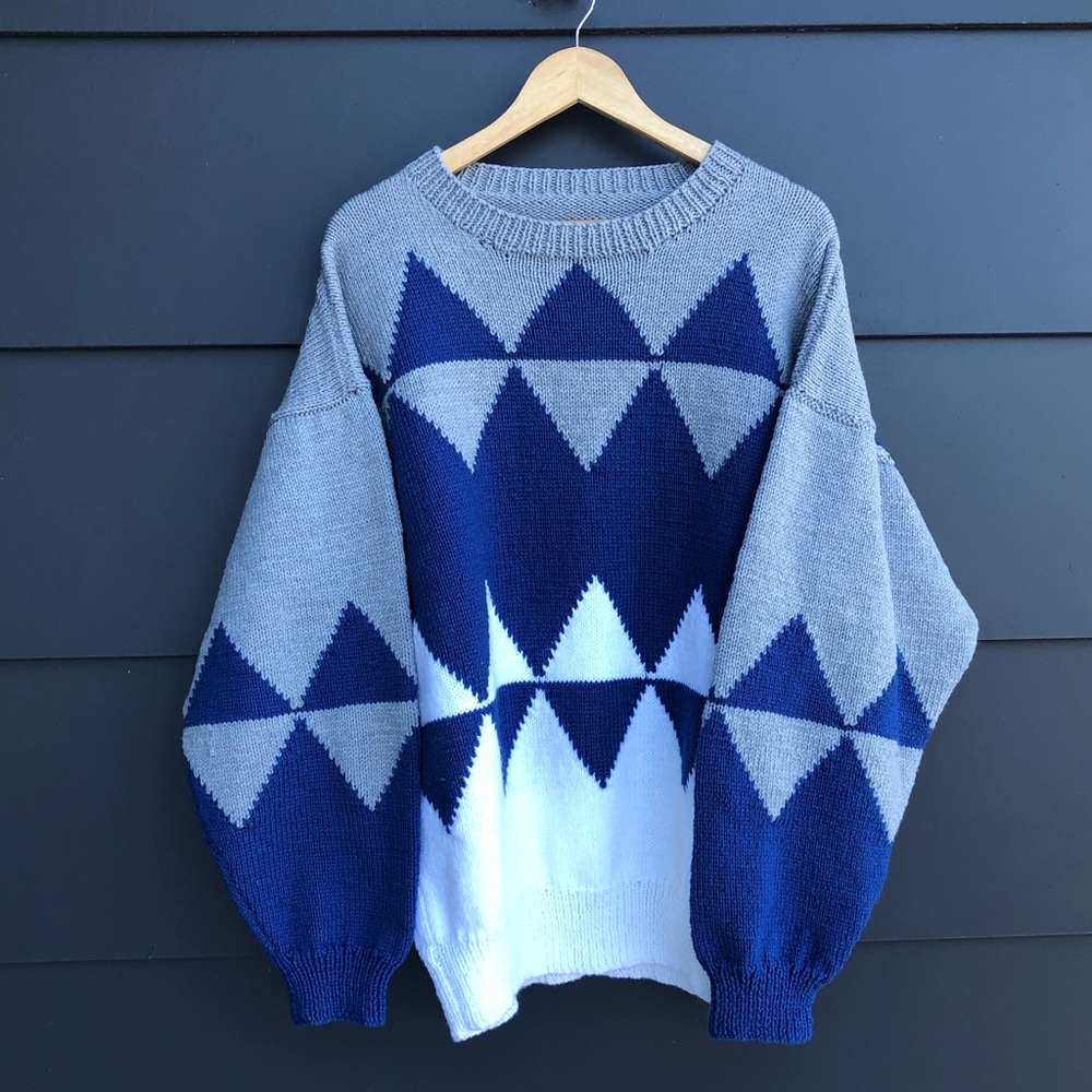 Geometric Hand Knitted blue/grey/white Sweater - Oversized - Unique design - XL